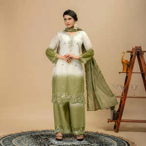 Conjunto de Salwar Kameez Bordado Verde Oliva, Traje Pakistaní para Mujer con Chal, Vestido con Lentejuelas Florales - Product Image 1