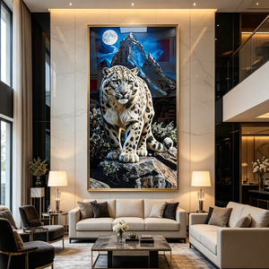 Luxury Snow Leopard Wall Art Full Moon Mountain Scene Wild Animal Wall Crystal Porcelain Painting LED Living Room Home Decor - Product Image 2