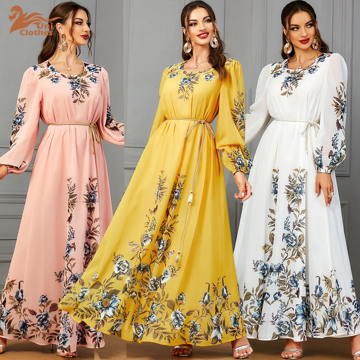 Shop 3593 Fashion Floral Long Sleeve Casual Dresses for Ramadan - Main Image