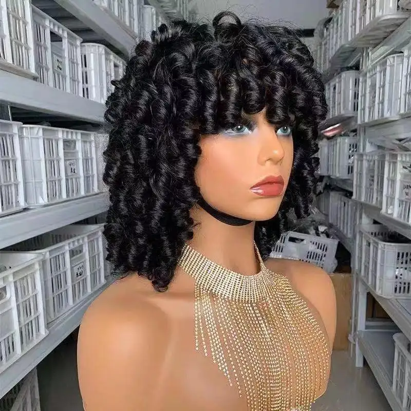 Jennifer Hot-sale SDD Super Double Drawn Machine Made Fringe Water Wave Wig For Black Women Perruque Pixie Curls Cut With Bangs