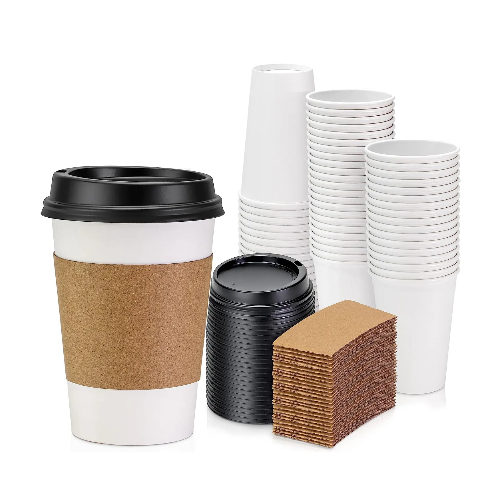Biologisch Afbreekbare Verpakking Warme Drank Wegwerp Wit Papieren Koffiekopje Met Zwart Koepeldeksel En Krafthoes Combo