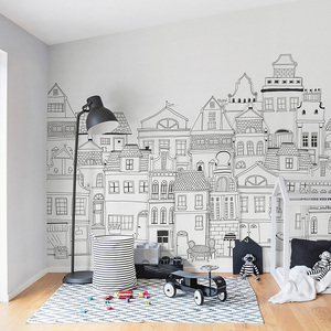 Papier peint mural personnalisé style Art déco noir et blanc, motif ville européenne, <span class=keywords><strong>maison</strong></span> de rue - Product Image 1