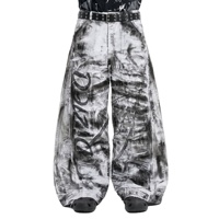 DIZNEW Jeans imprimés blanc, gris, noir, effet éclaboussures d'encre, logo graffiti, silhouette de ballon, coupe baggy, franges brutes, bretelles fendues, streetwear personnalisé