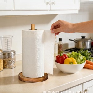 Wooden <b>Paper</b> Towel Holder Round Natural Wood Color No Drilling Required <b>Kitchen</b> Use - Product Image 1