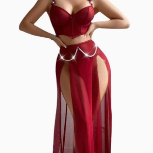 <span class=keywords><strong>Ensemble</strong></span> de <span class=keywords><strong>lingerie</strong></span> en dentelle pour femme, <span class=keywords><strong>corset</strong></span> sexy en maille rouge, jupe fendue haute, chaîne de perles pour femme, soirée exotique, vente en gros, personnalisé OEM ODM - Product Image 4