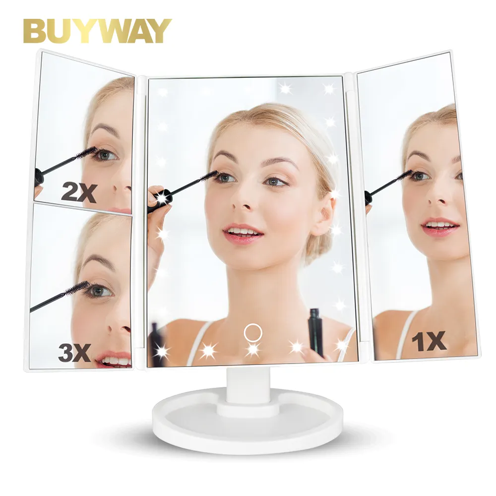 Hai cung cấp điện màn hình cảm ứng trang điểm LED 1x2x3x có thể gập lại gương 3 cách Tri-fold ABS nhựa tay thắp sáng Led Gương với đèn