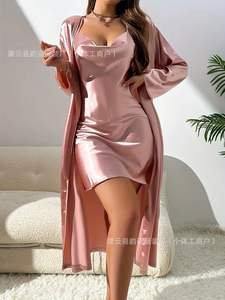 ชุดนอน2ชิ้นแฟชั่นสำหรับผู้หญิง-ชุดนอนผ้าซาตินตัวยาวสำหรับใส่อยู่บ้านในฤดูใบไม้ผลิฤดูร้อน - Product Image 5