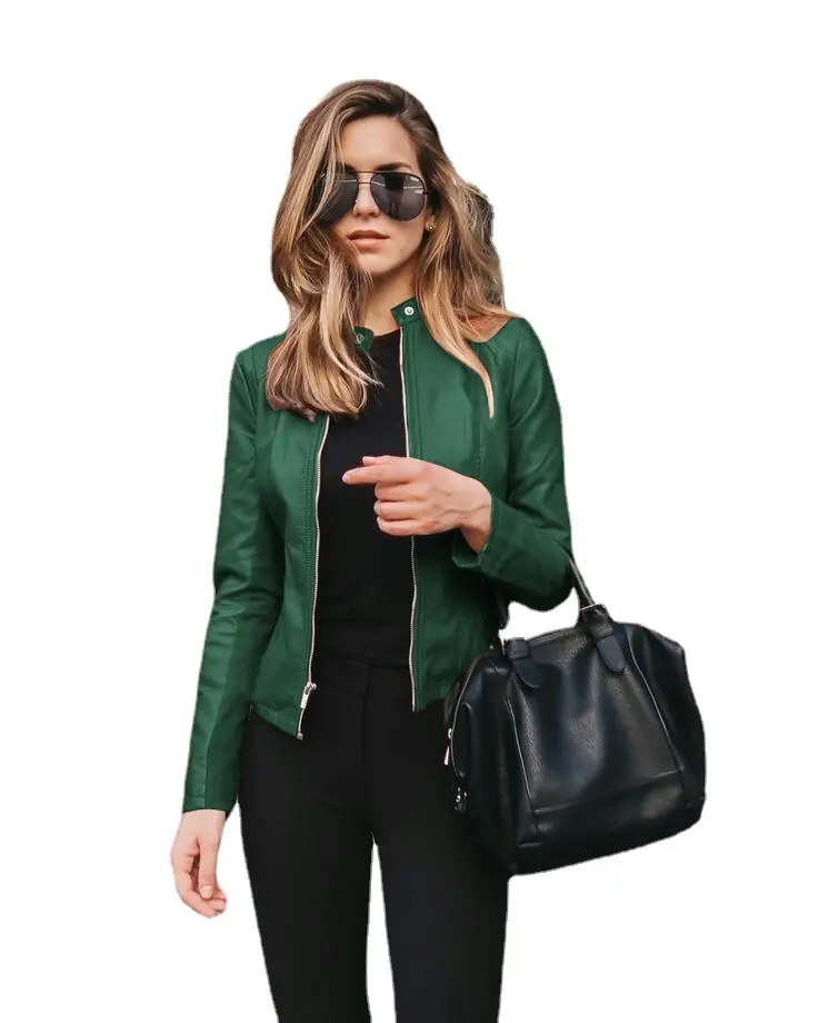 Hot autumn winter women's fashion pure color temperament street style leather PU suit jacket