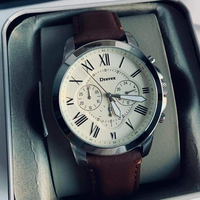 Montre chronographe classique rétro pour homme, bracelet en cuir marron, chiffres romains, cadran blanc, étanche, mouvement à quartz FS.