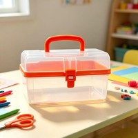 Boîte de rangement en plastique PP transparent avec couvercle, poignée de transport portable, bac organisateur double couche pour trousse médicale à domicile