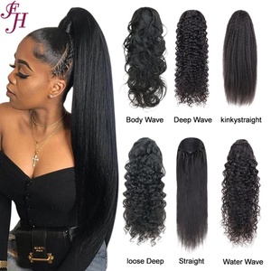 FH, venta al por mayor, pelo brasileño, cola de caballo, 1B, cuerpo negro Natural, onda, 180 densidad, cabello humano, cola de caballo, cordón - Product Image 6