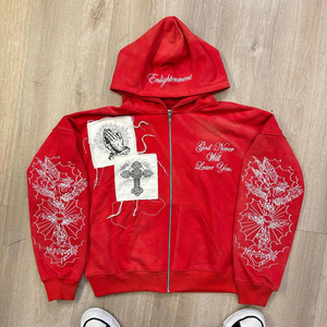 Sudadera con capucha bordada desgastada con lavado ácido de algodón pesado de 600 Gsm personalizada sudadera con cremallera y hombros caídos rasgados - Product Image 5