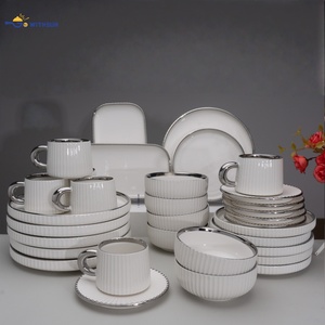 Luxury Wholesale Mid Asian 32Pcs Edge Gold Rimmed Ceramic Dinnerware Tableware Embossed Porcelain <strong>White</strong> <strong>Dinner</strong> Plate Bowl <strong>Sets</strong> - Product Image 3