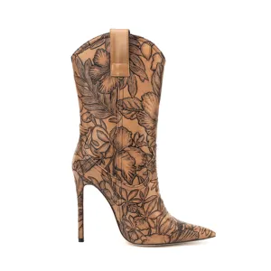 Wetkiss Custom Bruine Bloemenprint Hoge Hak Puntige Neus Stiletto Hak Enkellaarsjes Voor Dames En Meisjes