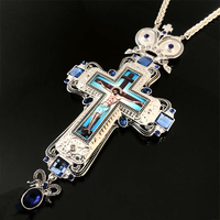Croix pectorale orthodoxe en argent plaqué avec icône de Jésus crucifié et diamant bleu, cadeau spirituel pour évêque ou église