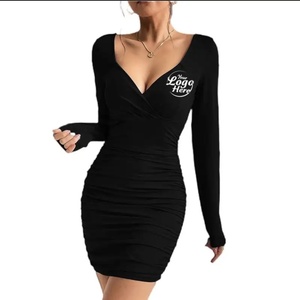 Nuevo Vestido Mini Ceñido de Fiesta y Club con Escote en V Profundo, Manga Larga, Sexy, Fruncido, Corte en A, Cuello Alto Natural, Volantes, Ecológico y Lavable - Product Image 4
