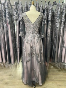 Abito da sera in tulle grigio-rosa con pizzo floreale 3D, maniche a 3/4, scollo a V, linea ad A, formale, per <span class=keywords><strong>madre</strong></span> della sposa, taglie forti, direttamente dalla fabbrica - Product Image 6