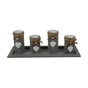 Candle Holder Set of 4 with Wooden Tray, Tealight Holders Vintage Candlestick Holder, Table Centerpiece Home Decor Living Room