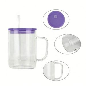Tasses à café en verre dépoli transparent de 15 oz avec logo personnalisé, sublimation, poignée et couvercle coloré - Product Image 3