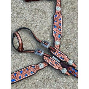 Juego de tachuelas de flores marrones occidentales de alto grado, cuero cosido fuerte a juego, brida, riendas, peto para propietarios de caballos - Product Image 1