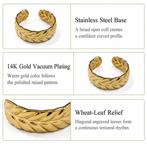 Bague ouverte en acier inoxydable à motif feuille de blé avec placage sous vide or 14K, options de couleur or et argent - Product Image 3