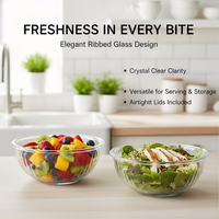 Mangkuk Salad Besar Kaca Borosilikat Tinggi Kustom Grosir dengan Tutup PE untuk Dapur, Piknik, Pesta, Desain Modern Ramah Lingkungan