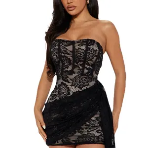 New Panic Buying verão mulheres vestido de boa qualidade sexy lace sem mangas Breast embrulho sem encosto Malha patchwork vestido casual