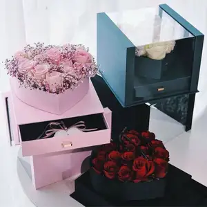 Valentines Day Mother's Day Luxury Square Transparent Plastic Gift Packing Boxes Rose Flower Boxes With Drawer