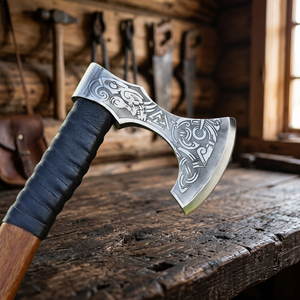 Hacha Vikinga Hecha a Mano con Hoja Grabada y Mango de Madera Envuelto en Cuero para Uso en Supervivencia - Product Image 3