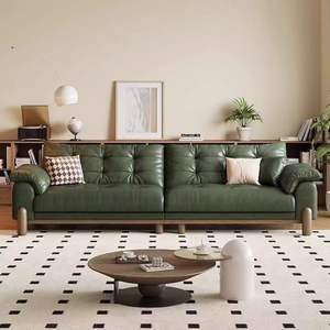Retro Genuine Leather Sofa Dark Green Tufted Straight Design Living Room Furniture Oil Waxed Top Grain Cowhide - Product Image 3