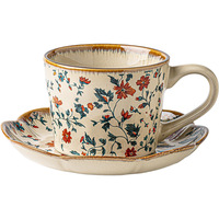 Tasse à café en céramique florale vintage 385 ml, style européen, motif vague d'eau en V, pour la maison, le café, ou comme cadeau
