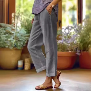 Cotton and <b>Linen</b> Women's <b>Pants</b> Loose Solid Elastic Waist Pocket Straight Leg Trousers Casual Tenths <b>Pants</b> Plus Size - Product Image 4