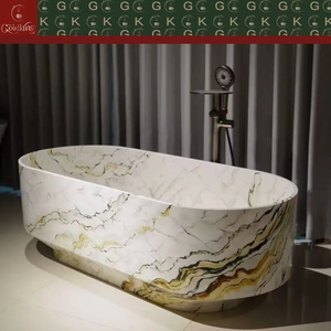 <span class=keywords><strong>Baignoire</strong></span> ovale autoportante haut <span class=keywords><strong>de</strong></span> gamme GOLDKING en marbre blanc naturel avec veines dorées, finition brillante évidée, personnalisable (OEM) - Product Image 2