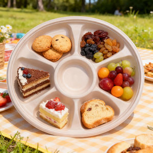 Assiettes et contenants jetables en bagasse en gros avec couvercle, plateau rond à 5 compartiments pour le camping et les plats à emporter - Product Image 1