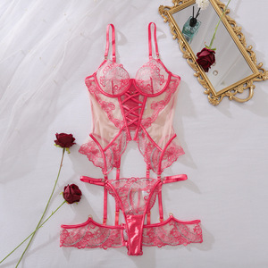 Ensemble de lingerie corset <span class=keywords><strong>rose</strong></span> de luxe en dentelle transparente brodée de sequins, 3 pièces, avec <span class=keywords><strong>porte</strong></span>-jarretelles et bretelles de cuisse découpées, sous-vêtements sexy pour femme - Product Image 6