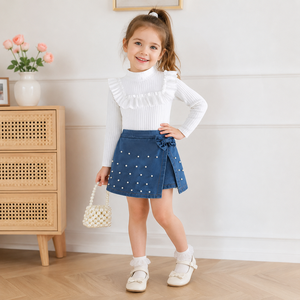Ensembles de vêtements pour filles, hiver, col montant à volants, rayures verticales, tricot, culottes en denim, 2 pièces, vêtements pour enfants - Product Image 2
