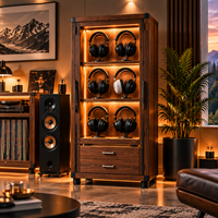 Lemari Display Audio Headphone Walnut Custom dengan Lampu LED, Penyimpanan Headset Kayu, Furnitur Koleksi Audiophile