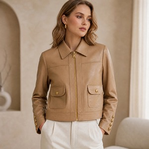 <span class=keywords><strong>Veste</strong></span> en <span class=keywords><strong>cuir</strong></span> de mouton lisse couleur kaki clair pour femme, style chemise, avec double poche à rabat et boutons-pression, coupe courte, vintage, pour le quotidien - Product Image 1