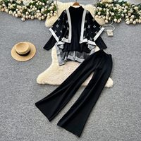 Ensemble 3 pièces pour femmes, châle contrasté, cardigan, haut en tricot à col haut et pantalon large, ensemble 3 pièces