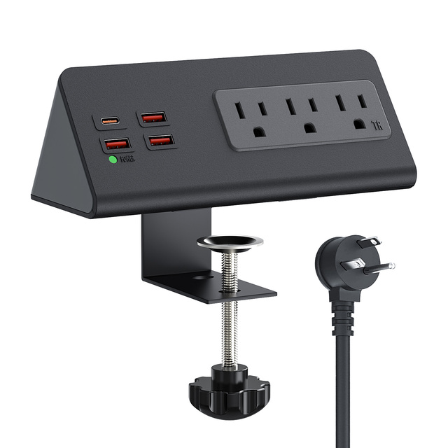 32W Desk Clamp Power Strip with 3 AC Outlets 4 USB Ports (PD 20W USB C), Fast Charging Edge Mount Surge Protector, ETL Listed