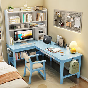 Escritorio esquinero de madera maciza con estantería integrada en forma de L para computadora, para el hogar, dormitorio, estudio o estación de trabajo. - Product Image 2