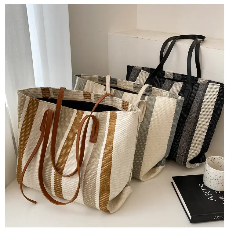 Korean Version Simple Stripes Large Capacity Ladies Shoulder Handbags Canvas Striped Zipper Tote Bag Women