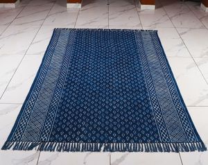 Indigo Block Print Cotton Kilim <b>Rug</b> Hand Woven <b>Boho</b> Floor Carpet 5x8 6x9 8x10 9x12 Home Decor - Product Image 3