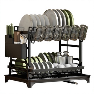 Escurridor de cocina metálico multifuncional con soporte para platos, tazas y cubiertos, y escurremante automático para palillos y utensilios de corte. - Product Image 1