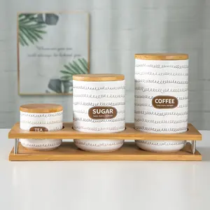 Design moderno logo personalizzato contenitori tè caffè zucchero barattolo di conservazione degli alimenti in ceramica con coperchio in bambù barattolo di vetro in ceramica