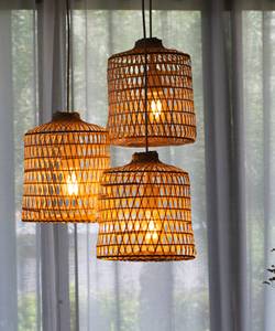 Suspension triple à abat-jour en bambou tressé, luminaire de plafond en bois tissé, câblage direct, blanc/noir, fournisseur Vietnamien - Product Image 1