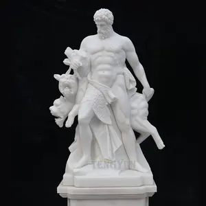 Classic garden white marble Hercules an Cerberus statue carved stone nude man figure roman statues for sale