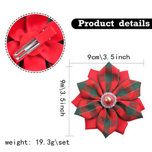 2개/세트 크리스마스 축제 레드 플래드 파스텔 꽃 리본 헤어핀 진주 장식 여자아이 키즈 헤어 액세서리 - Product Image 2