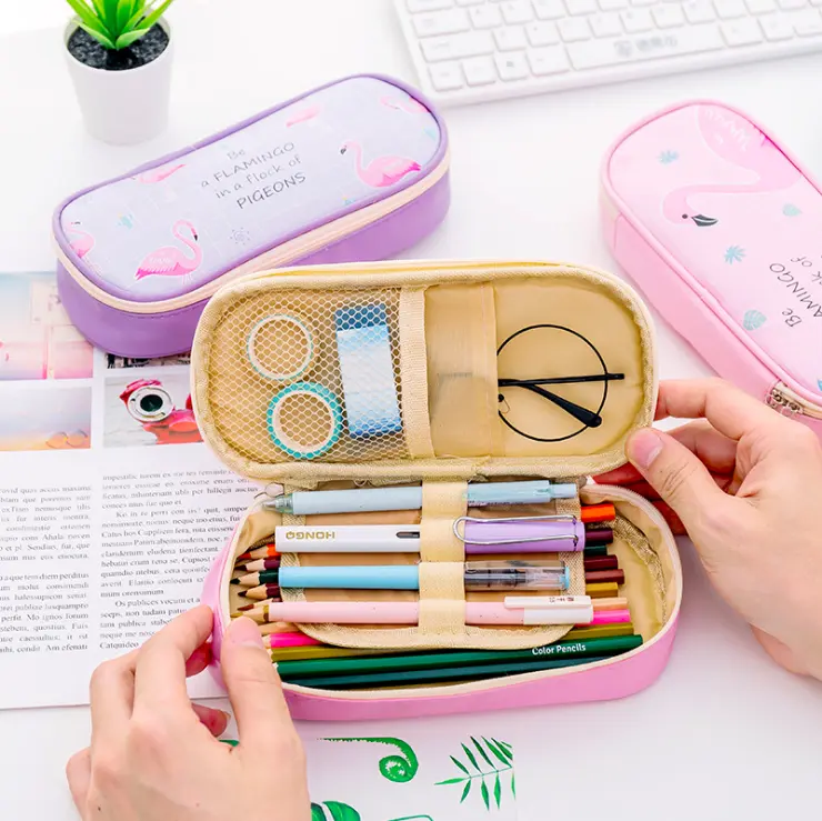 Pen Bag Pouch Durable Students Kids School Stationery Organizer Zipper Pencil Box For Girls Office Kawaii Cute PU Pencil Case