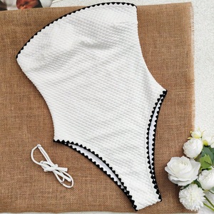 Women White Crinkle Bandeau One Piece Swimsuit Black Scallop Edge <b>Trim</b> Strapless High Cut Beach <b>Bathing</b> Suit Wholesale Swimwear - Product Image 5